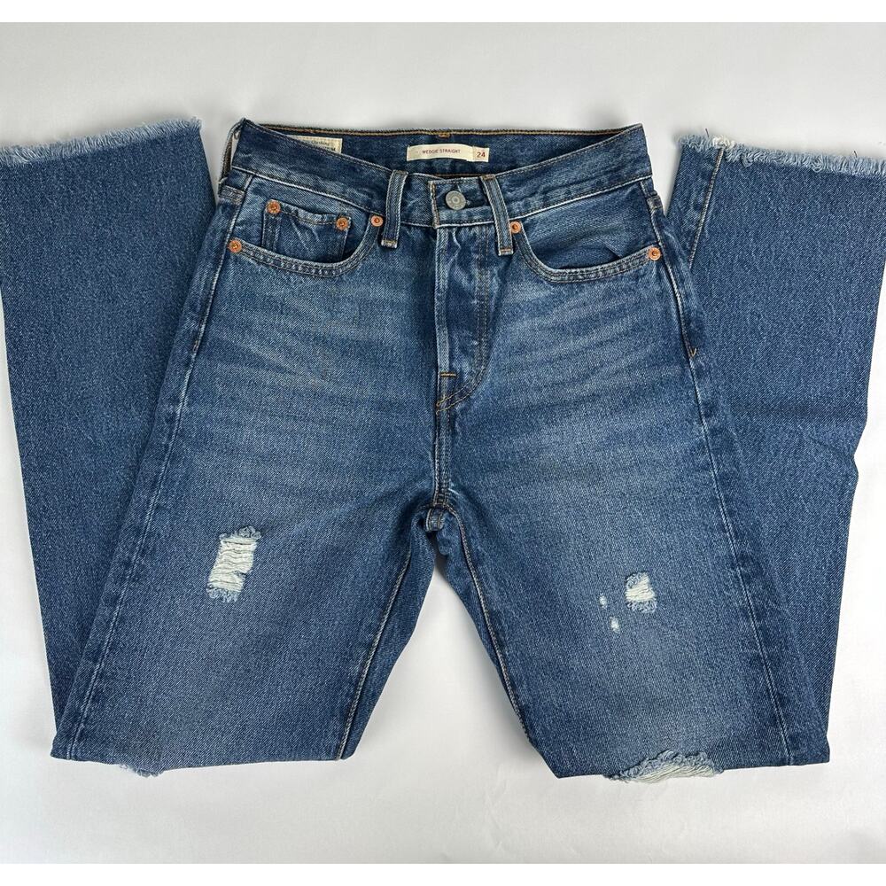 Levi's Premium Wedgie Straight Leg Ankle Blue Denim Jeans 24x28 Button Fly
